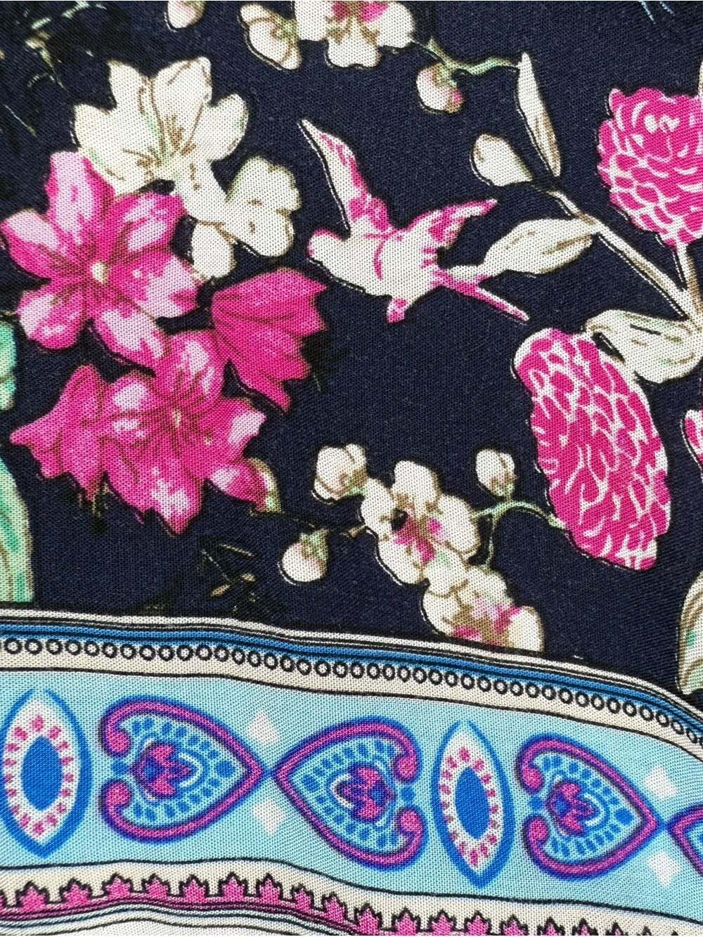 Dress long flowy braided Bohemian Floral Maxi Dress with Border Hem - Navy - Picture 14 of 16